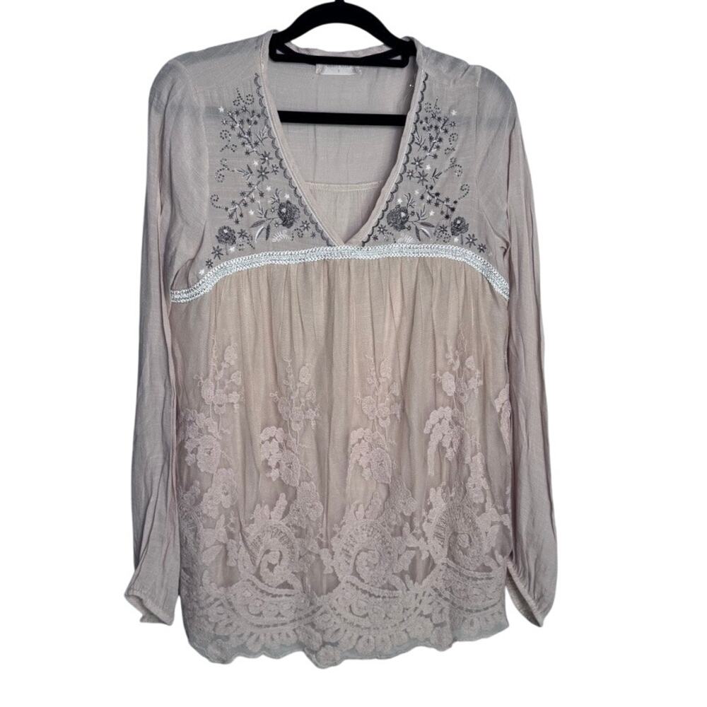 Altar'd State Cream Lace Eyelet Babydoll Top Square Neck Tiered Ruffle Small